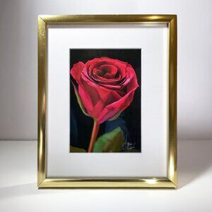 Fine Art Photo SINGLE RED ROSE Gold Metal Frame Valentines Day Signed COA